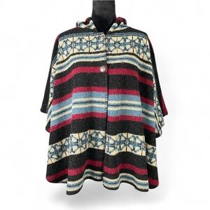 Vermont Country Store Wool Hooded Poncho Jacket Aztec Western Stripe Cabin S/M